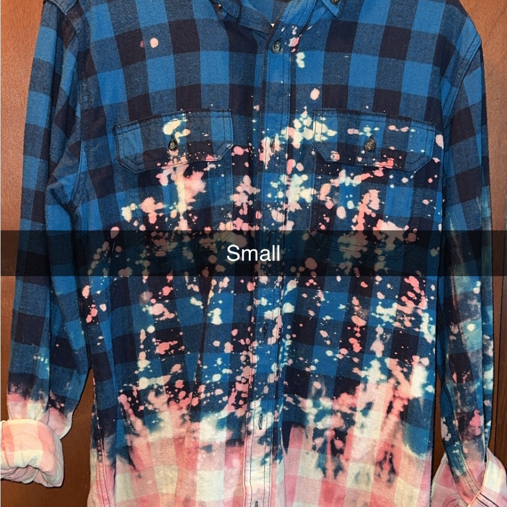 Blue and Pink Splatter Plaid Flannel Shirt